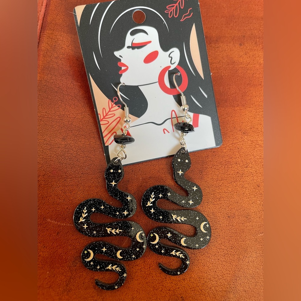 Handmade Black Snake Earrings with black Beads